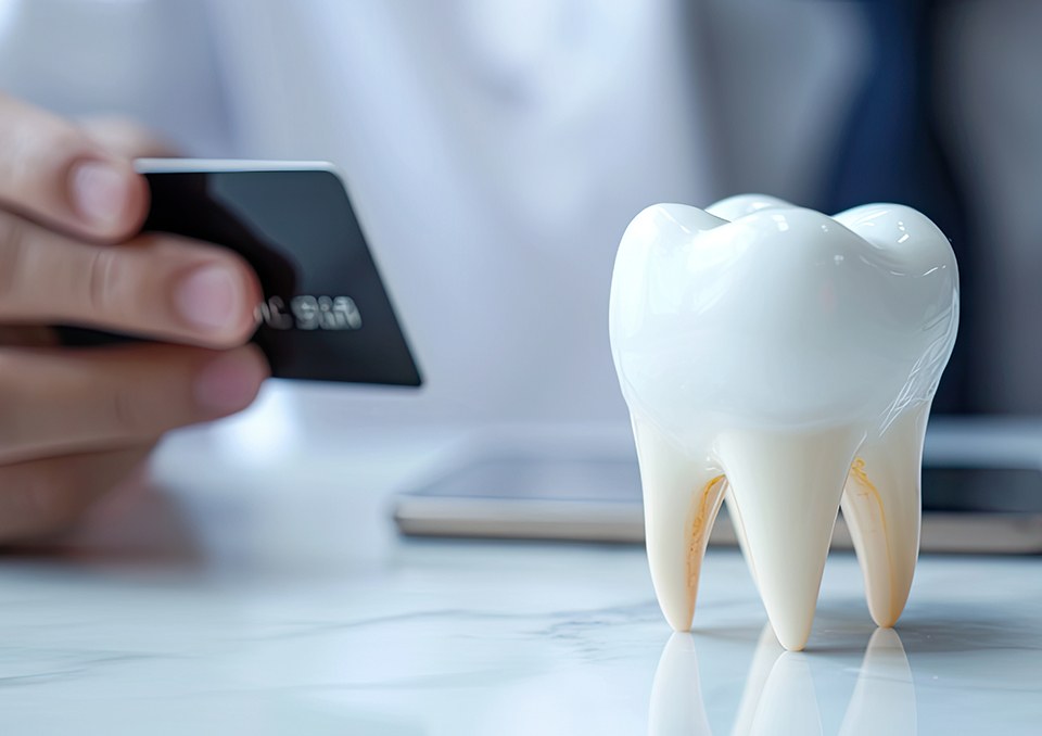 Hand holding credit card next to large model tooth on a marble surface