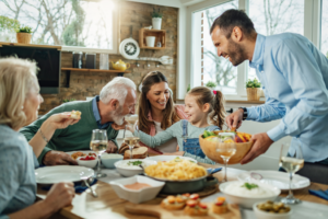 a group of family members talking